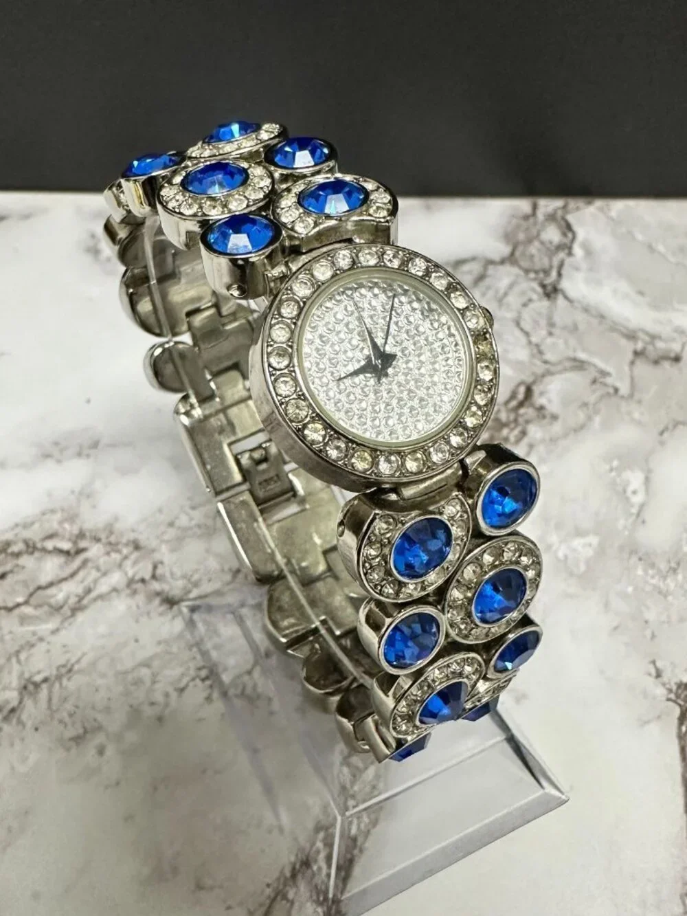 Suzanne Somers Watch Women Silver Tone Blue Rhinestone Bling Band New Battery
